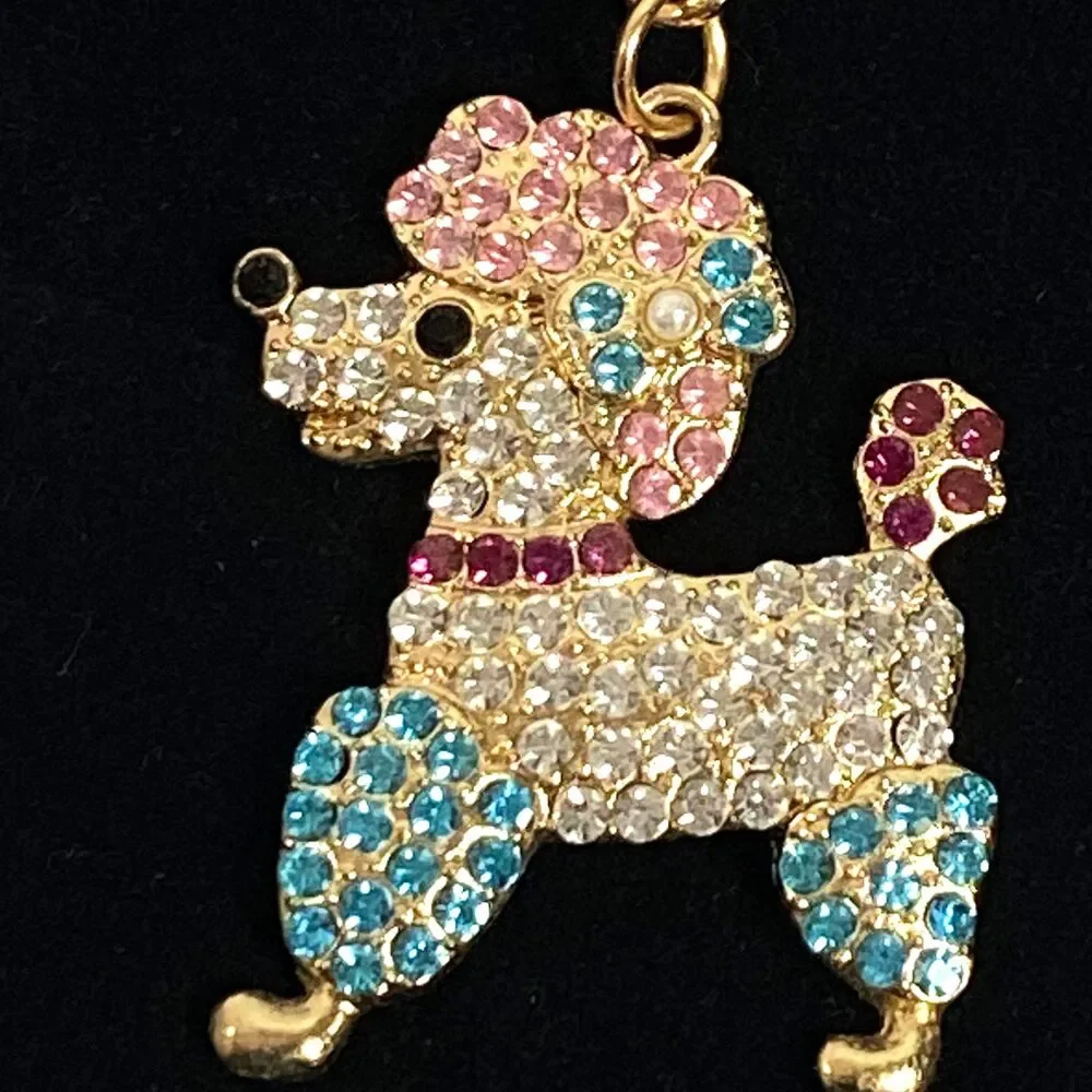 Poodle Rhinestone Keychain Bag Charm Blue Pink Multicolor Gold Tone Metal New
